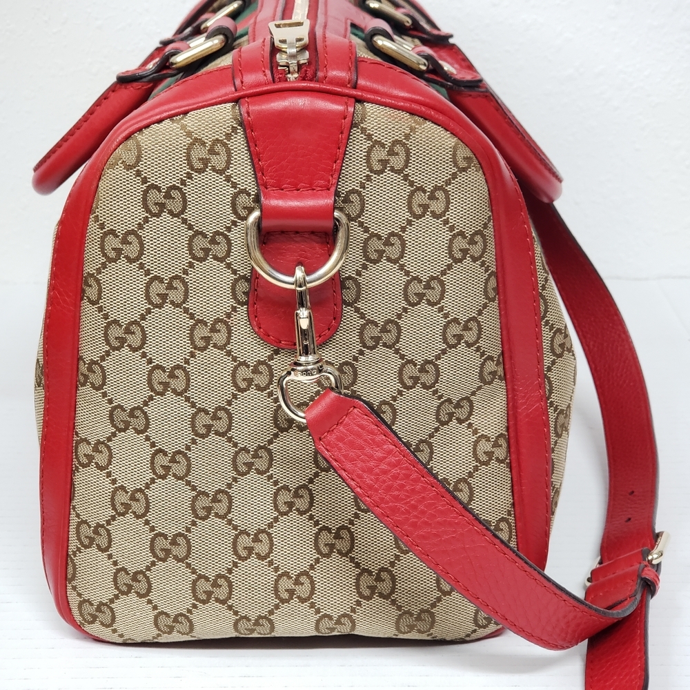 Authentic Gucci Boston GG Supreme Web Stripe Red Leather Satchel Bag - Picture 3 of 16